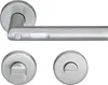 A set of stainless steel door handles and related hardware, including a lever handle with an LED indicator, and two circular rosettes. Produktbild-Vorschau