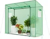 A green greenhouse with plants inside, set against a white background. Produktbild-Vorschau