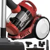 A red and black canister vacuum cleaner is shown against a white background, with various attachments displayed at the bottom. Produktbild-Vorschau