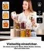 A woman is holding two glass jars filled with candies and marshmallows, while a set of glass jars filled with food items is displayed on a counter in front of her. The image also features text and icons highlighting product features. Anteprima dell’immagine prodotto