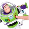 A close-up shot of a Buzz Lightyear action figure, with a finger pressing a red button on its chest. Voir les images du produit