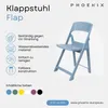 A light blue foldable chair with text and icons describing its features, and swatches of available colors. Produktbild-Vorschau