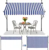 A blue and white striped awning over a table and chairs, with two smaller images below showing the awning in different states of extension. Náhled obrázku produktu