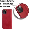 A red flip case for an iPhone 12 Pro Max is shown, with a close-up inset highlighting the camera cutouts and raised edge protection. Produktbild-Vorschau