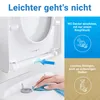 Close-up of a toilet seat with marketing text and icons highlighting features. Produktbild-Vorschau