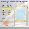 A towel warmer with a blue towel draped over it, next to a diagram showing temperature over time and feature icons. Produktbild-Vorschau