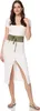 A woman is standing and modeling a white dress with a green belt and gold sandals. Produktbild-Vorschau