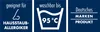 Three blue panels with white text and icons indicating product features. Produktbild-Vorschau