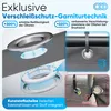 Diagrams and close-up shots illustrating the features of a balcony privacy screen's grommets. Produktbild-Vorschau