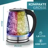 A glass electric kettle with colored water inside, presented with dimensions and feature callouts. Produktbild-Vorschau
