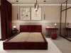 A bedroom with a red velvet bed, artwork, and a vanity. Produktbild-Vorschau