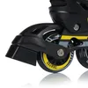A close-up view of the wheels and frame of a black and yellow inline skate. Voir les images du produit