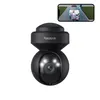 A black Reolink security camera is shown on a white background, with a smartphone displaying a live feed from the camera in the upper right corner. Produktbild-Vorschau