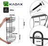 A diagram showing the dimensions and details of a black metal shower caddy, with a hand holding it to show scale. Podgląd zdjęcia produktu