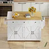 A white kitchen island with a wooden countertop is shown in a kitchen setting. Voir les images du produit