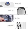 A collage of images showing different parts of a white washing machine. Produktbild-Vorschau