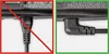Two close-up views of a power cable connector plugged into an electronic device. The left side shows an incorrect connection with a red 'X' overlay, and the right side shows a correct connection with a green border. Anteprima dell’immagine prodotto