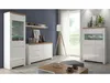 A modern living room setup featuring white and wood-tone furniture, including a tall display cabinet, a sideboard, and a smaller cabinet, arranged around a coffee table. Produktbild-Vorschau