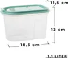A transparent food storage container with a green lid is shown with dimensions and capacity indicated by text and lines. Produktbild-Vorschau
