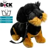 A plush toy dachshund with a leash, next to a size chart and brand logo. Produktbild-Vorschau