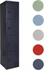 A dark grey metal locker with four compartments is shown against a white background. To the right of the locker are five colored circles representing different color options: light green, light blue, light grey, red, and dark blue. Produktbild-Vorschau