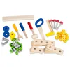 A collection of wooden toy tools and building pieces arranged on a white background. Náhled obrázku produktu