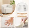 A collage of images showcasing a white sherpa armchair, its dimensions, and close-ups of its material and foam. Podgląd zdjęcia produktu
