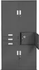 A grey metal storage cabinet with multiple compartments, including drawers and a safe, all with keys. The doors are mostly closed, with one small compartment door open. Podgląd zdjęcia produktu