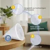 A conical filter is shown on a wooden table, with close-up diagrams highlighting its features and text explaining them. Produktbild-Vorschau