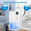 A white dehumidifier is shown in a bathroom setting, with text overlays indicating its features. Produktbild-Vorschau