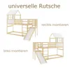 Two configurations of a wooden bunk bed with a slide, shown against a white background. Produktbild-Vorschau