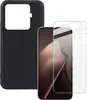 A black phone case, a smartphone, and a screen protector are arranged on a white background. Produktbild-Vorschau