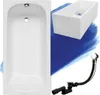 A white bathtub and its accessories are displayed against a blue background. Produktbild-Vorschau