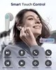 A woman is shown using a pair of white wireless earbuds, with icons and text detailing the smart touch controls. Produktbild-Vorschau