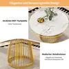 A round marble-patterned table with a gold metal base, shown from two different angles with descriptive text overlays. Podgląd zdjęcia produktu