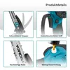 A collage of four close-up images showcasing different features of a cordless pole saw and lopper. Produktbild-Vorschau
