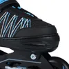 A close-up view of the front part of a black inline skate with blue and white decorative lines. Anteprima dell’immagine prodotto