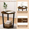 A round side table with two shelves, decorated with a plant, a book, and a basket of magazines. The image also includes close-up diagrams of the table's dimensions and thickness. Produktbild-Vorschau