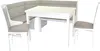 A white dining table with a gray upholstered corner bench and two chairs, all on a white background. Produktbild-Vorschau