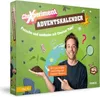 The image shows the front packaging of an advent calendar for children, featuring a man pointing to text and illustrations related to science experiments. Produktbild-Vorschau