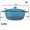 A diagram showing the dimensions of a blue enameled cast iron Dutch oven. Produktbild-Vorschau