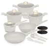 A collection of white cookware with gold accents, including pots, pans, and utensils, arranged on a white background. Produktbild-Vorschau