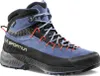 Damen-Zustiegsschuh TX4 Evo Mid GTX von La Sportiva in Blau mit roten Schnürsenkeln und schwarzer Sohle. Podgląd zdjęcia produktu