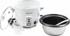A white electric rice cooker with its accessories, including a glass lid, a measuring cup, and an inner pot with a spoon, is displayed against a white background. Produktbild-Vorschau