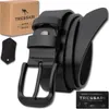 A black leather belt and its packaging are displayed. Produktbild-Vorschau