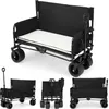 A collage of images showing a black foldable wagon with a white seat cushion, from different angles and in different states of assembly/folding. Produktbild-Vorschau