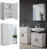 A collage of images showing a white high-gloss bathroom cabinet with a geometric design, both open and closed, and a bathroom vanity with a sink and mirror. Náhled obrázku produktu