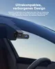 A dashcam is mounted on a car's windshield, with text describing its features. Produktbild-Vorschau
