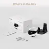 A product shot showing the contents of the Enabot EBO AIR 2 companion robot box, including the robot, charging dock, cables, and manual. Produktbild-Vorschau