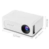 A white mini projector is shown from a diagonal angle on a white background, with dimensions indicated by lines and text. Produktbild-Vorschau